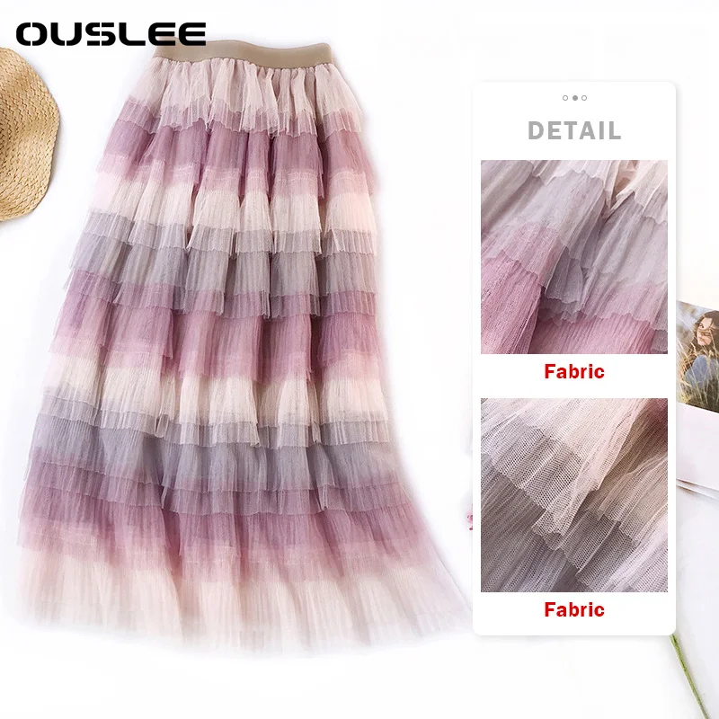 

OUSLEE 2021 New Pleated Maxi Skirt Women Spring Autumn High Waist Rainbow Strip Cake Long Skirts Female Fashion Mesh Falda Femme
