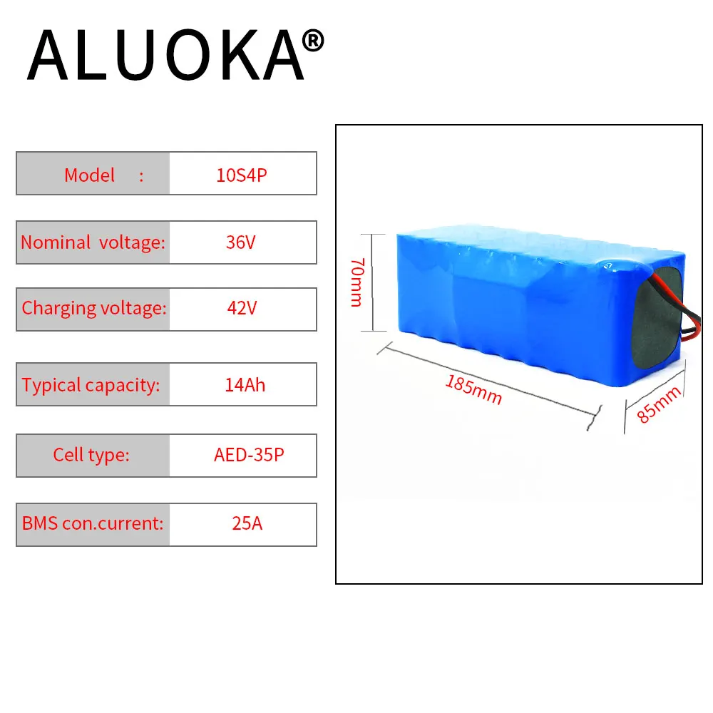 Аккумулятор литиевый высокой мощности Aluoka 10S4P 36 В 14 Ач 700 Вт 42 в 18650 электрокресло