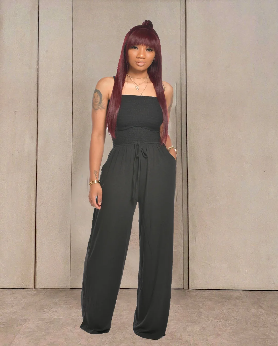

Soild Sleeveless Rompers Tight Waist Casual Wide Leg Pants Off Shoulder Soild Strapless Woman Jumpsuit with Pockets Jumpsuits