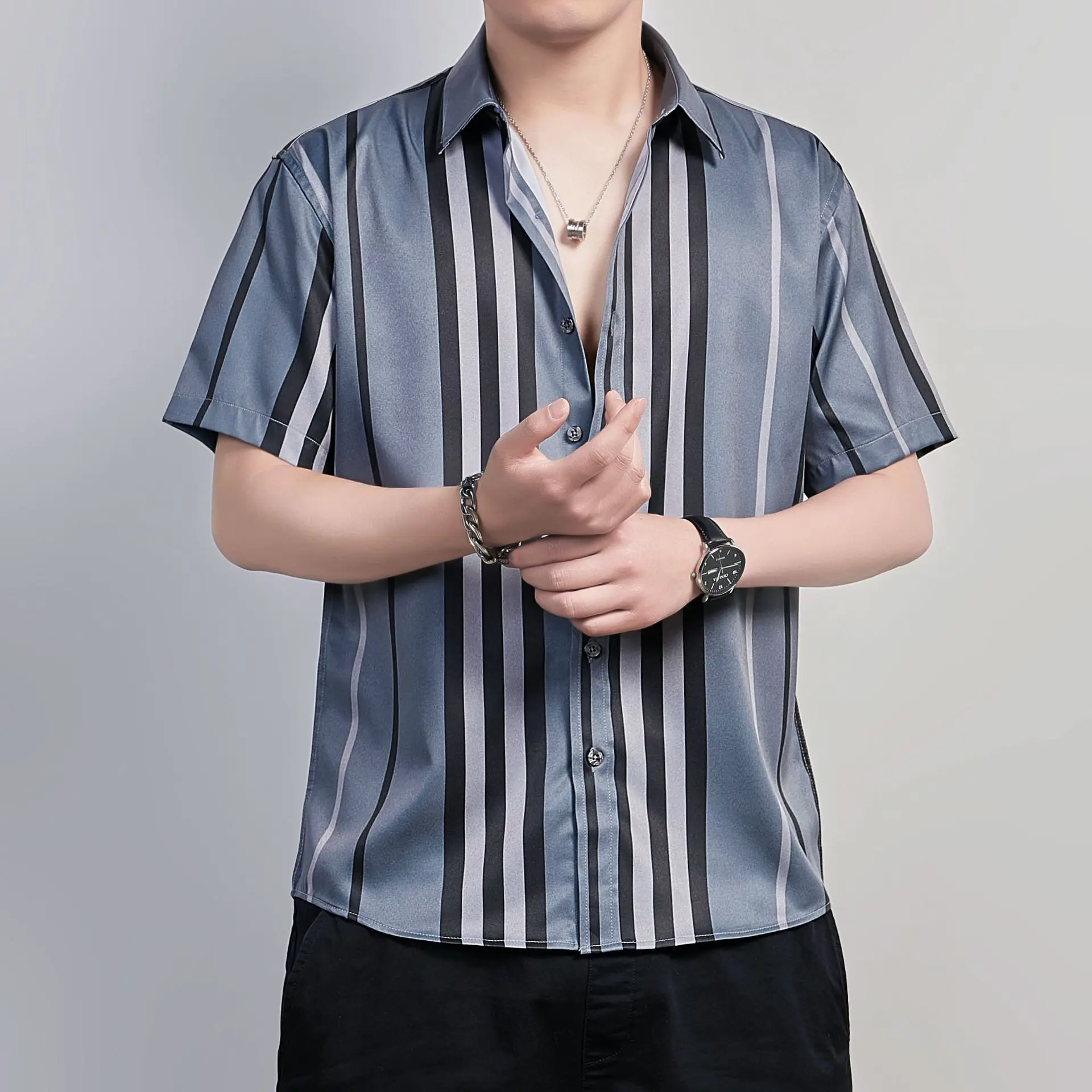 

Летняя мужская рубашка, топ, Повседневная гавайская рубашка с коротким рукавом, полосатая печать, классные тонкие рубашки для мужчин, мужск...