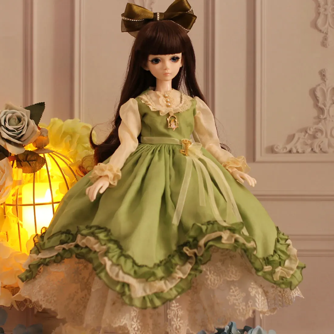 

Royal Court Retro Flowery Multilayer Dress for 1/4 BJD Doll fashion diy dolls accessories children Toys - (Green) No Doll