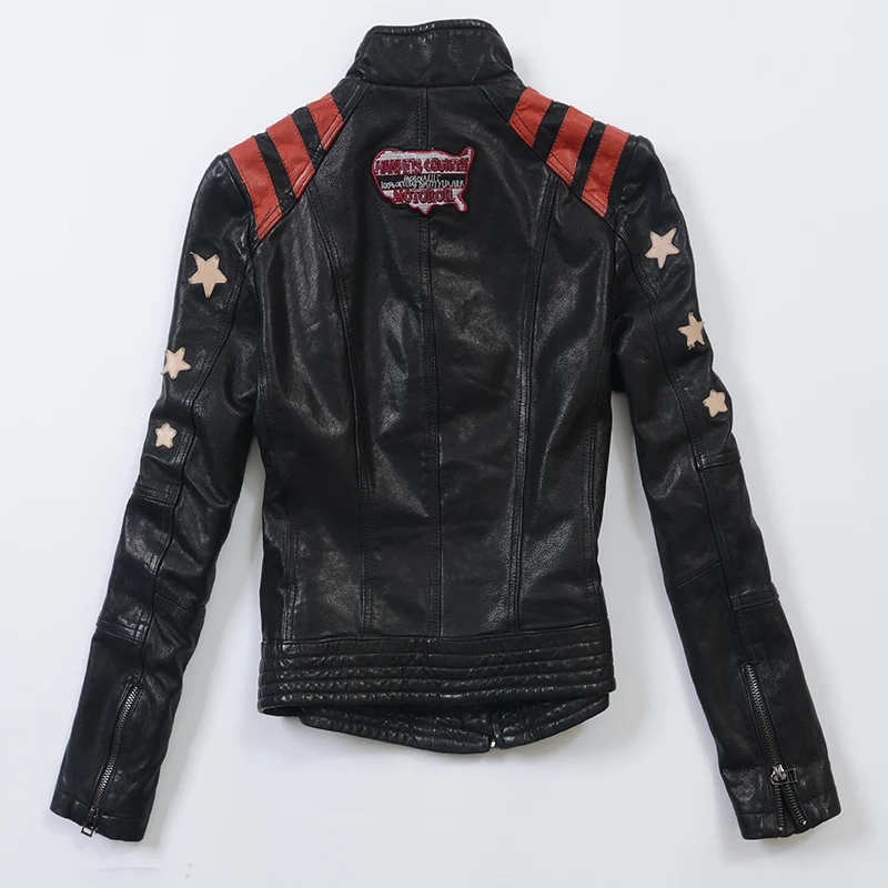 

Stitching Autumn New Layer Sheep Leather Jacket Casual Stand Collar Slim Fit Fashin Women's Leather Coat