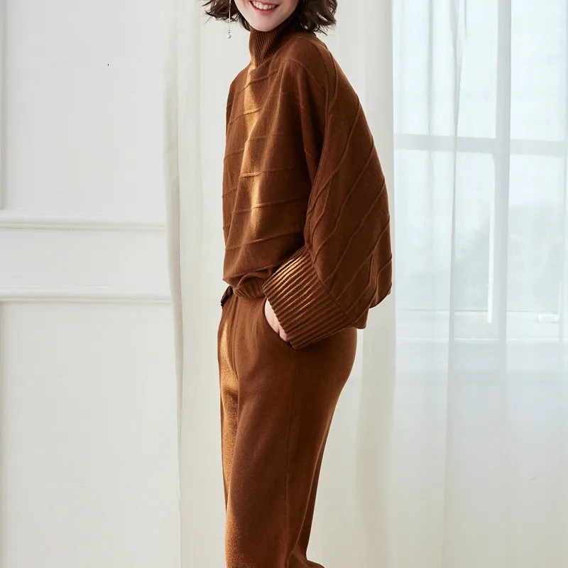 

2020 Sale Turtleneck Cashmere Ms. Sweater Wide-legged Pants Suit Dress New Winter Show Thin Fashion Two-piece Loose Big Yards
