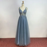 yqlnne simple dusty blue long prom dresses deep v neck tulle crystal beaded formal party gown backless