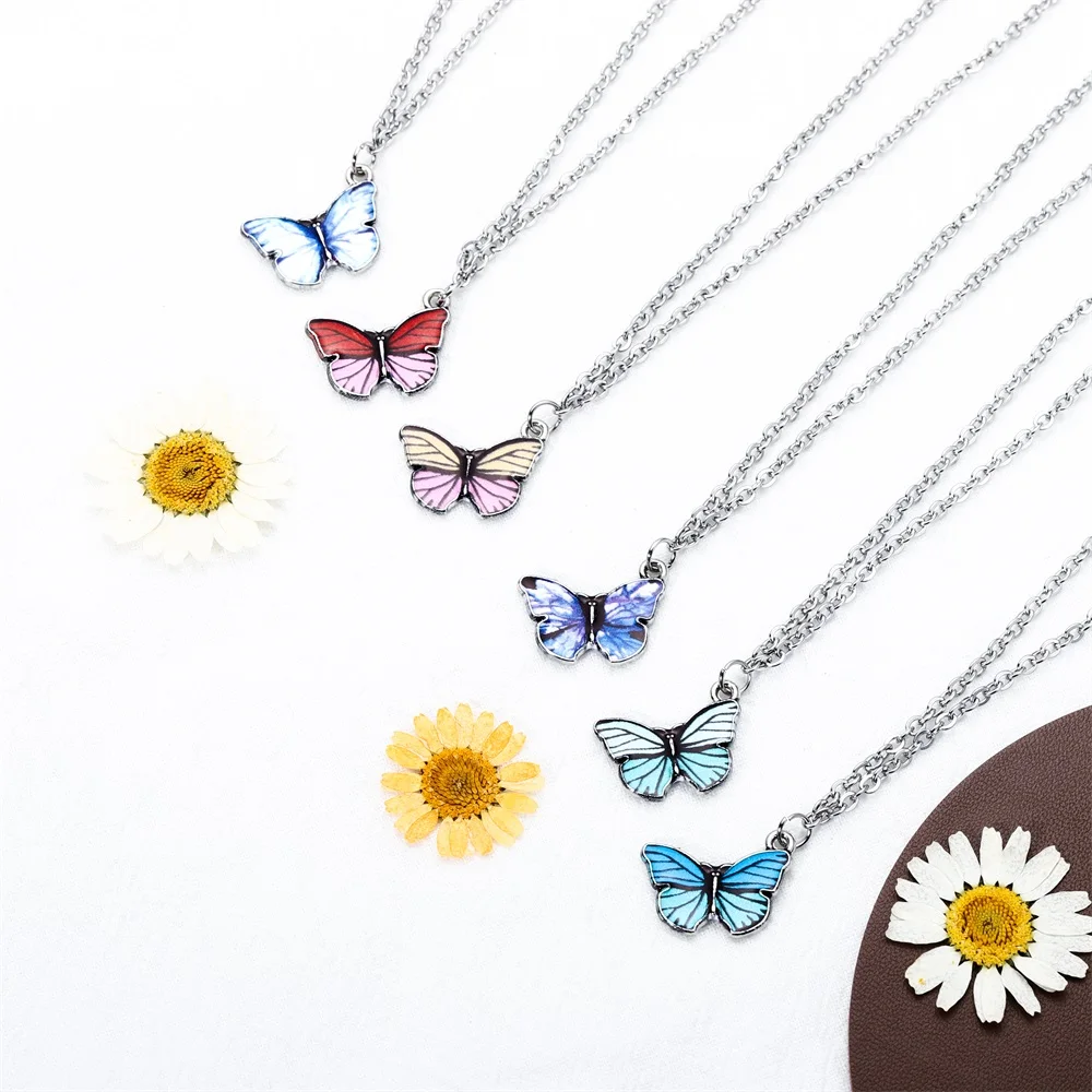 

Korean Fashion Butterfly Pendant Necklace Stainless Steel Chain For Women Golden Colorful Cute Statement Necklace Jewelry Gift