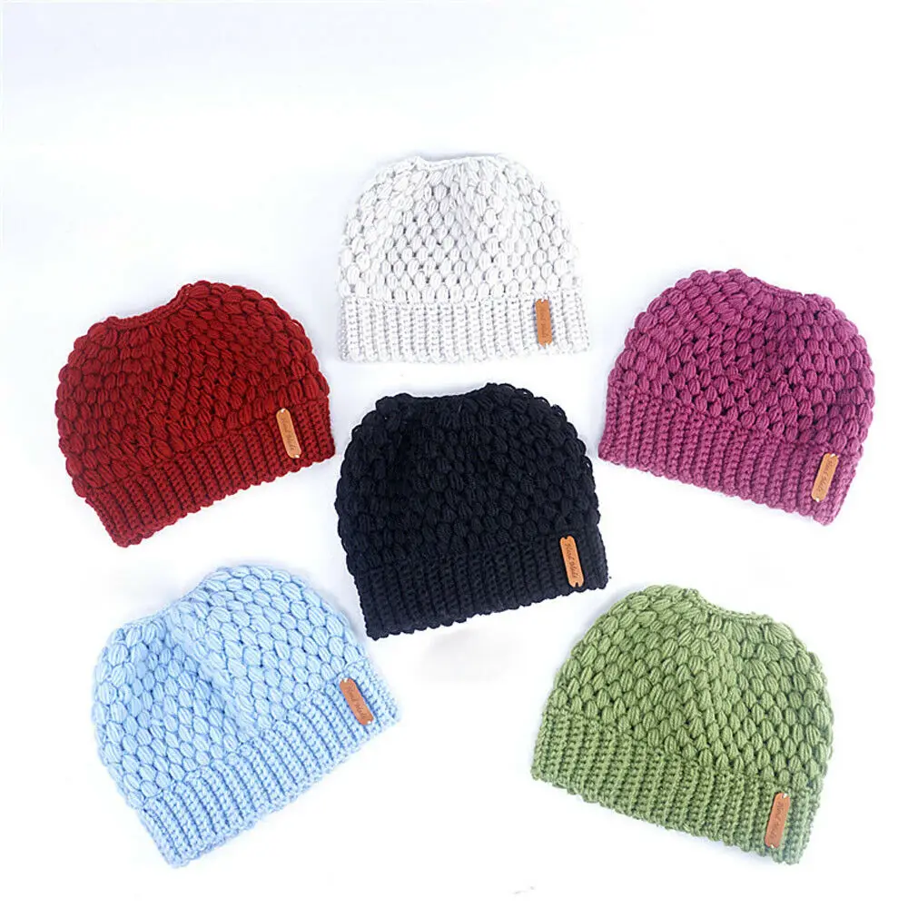

New Fashion Womens Girls Winter Warm Hat Ponytail Beanie Hat High Messy Bun Stretch Knitted Cap Black Blue Orange White