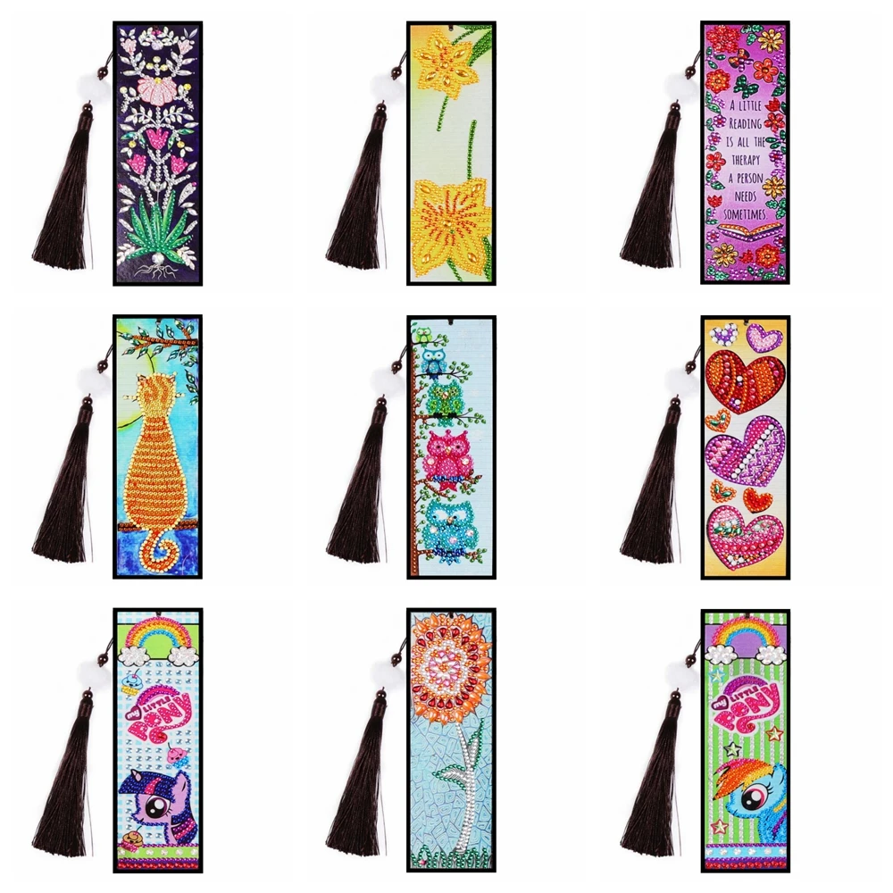 

5D алмаз закладки с живописью животных Flowewr, с декором из кожаной бахромы, закладка для книги с алмазная живопись на холсте для детей и взрослых подарок