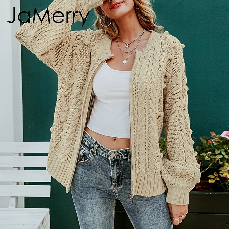 Jamerry Винтаж помпоном твист вязаный женский кардиган на молнии с Круглая горловина повседневная женская обувь свитер модный, осенний кардиган для девочек, верхняя одежда