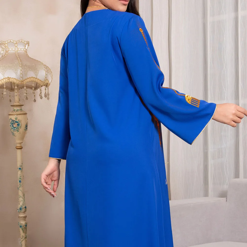 

Middle East Muslim Embroidered Solid Color Square Collar Long Sleeve Women's Dress Embroidery Loose Casual 2021 Summer New