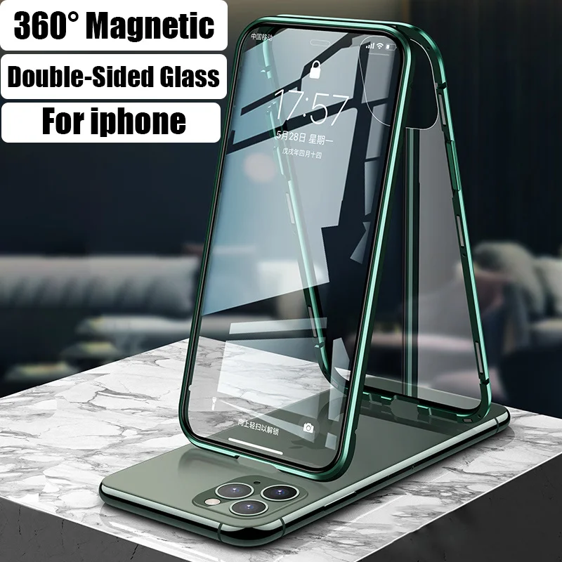 

New Metal Magnetic Adsorption Case For iPhone 13 12 11 Pro Max Mini XS X XR 7 8 6 6s Plus SE 2020 360 Double-Sided Glass Cover