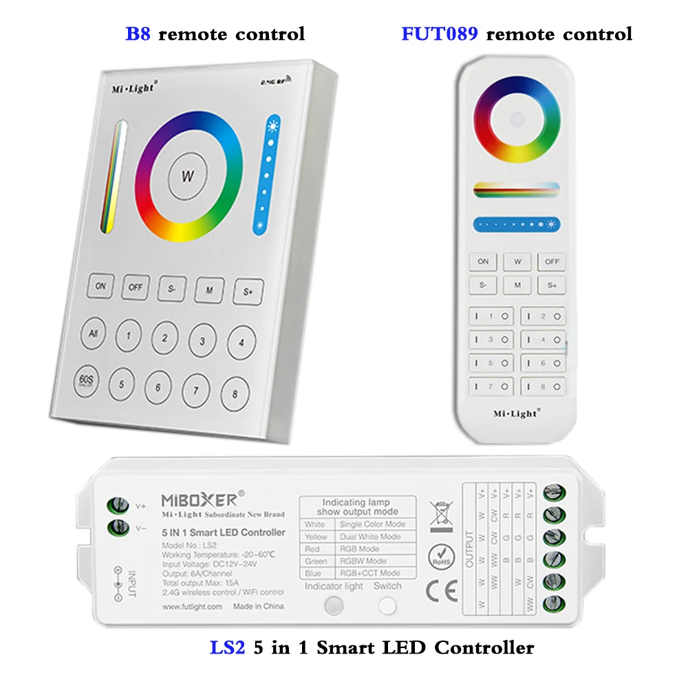 2.4GHz Wireless 8 Zone FUT089 Remote/B8 Wall-mounted Touch Panel;LS2 5 IN 1Smart Controller For12~24V RGB RGBW RGB+CCT Led Strip
