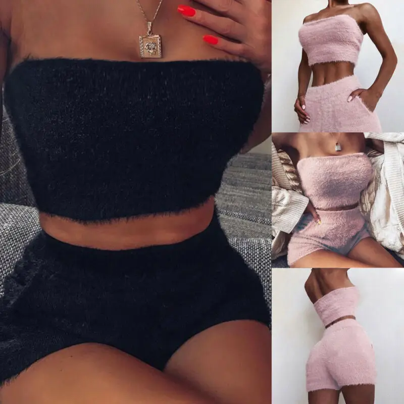2020 New Women 2PCS Set Knitted Crop Top Bodycon Skirt Sexy Tube Party Mini Dress Suit |