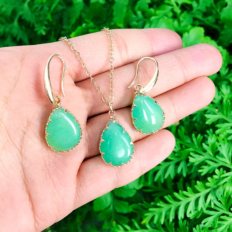 

KOMI Teardrop Shaped Pink Stone Topazs Aventurine Chain Necklace Pendant Dangle Earrings Jewelry Set For Woman Gift