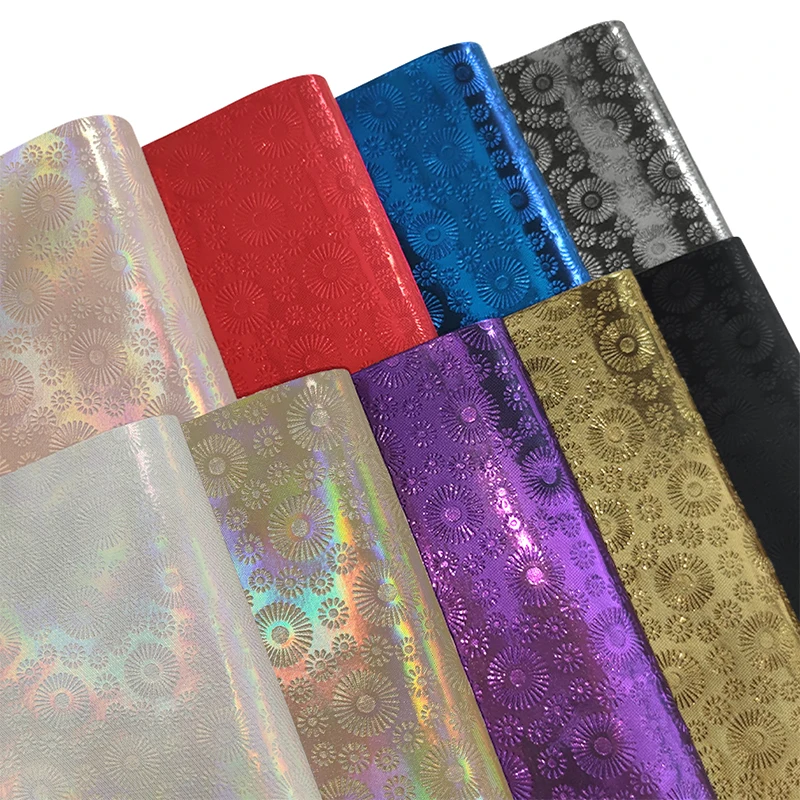 

XHT-43808 Wholesale Holographic Sunflower Embossed Floral Design Velvet Backing Faux Leather for Making Tote Shoe Bag Material