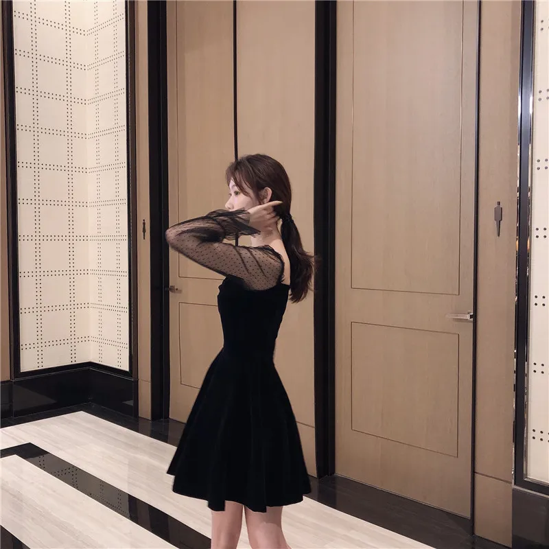 

2020 Autumn New Arrival Splicing Dot Mesh Long Sleeve V-neck Black Dress Female Temperament Small Dress Free Shipping