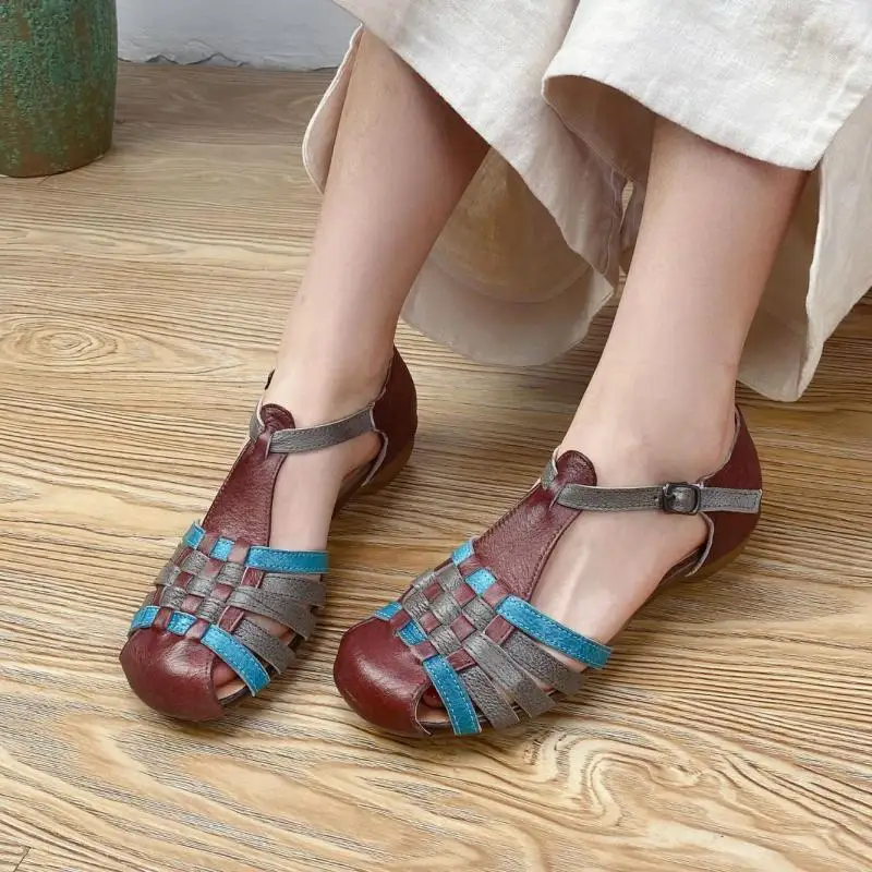 

YourSeason Ladies Summer Shoes Genuine Leather Mixed Colors Retro Flat With Handmade Platform Buckle Strap Sandals Hollow