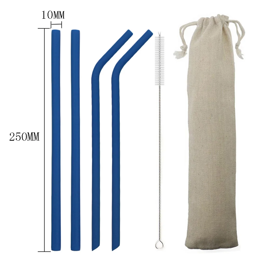 blue 250mm 6 шт./компл. красочное питье силиконовая трубочка набор 23 см 25 см пищевой соломинки для путешествий многоразовая солома с кистью сумка для хранения - Цвет: blue 250mm
