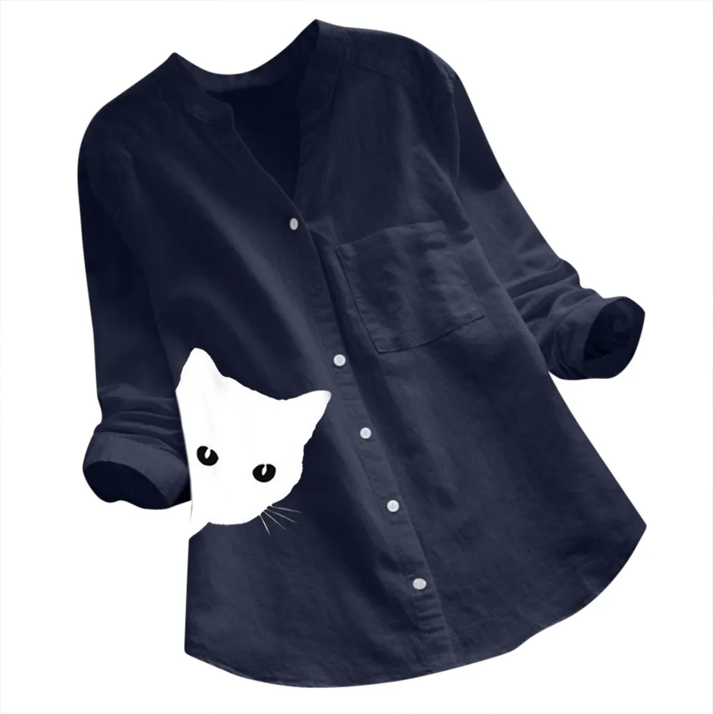 Женская блузка из хлопка и льна осенняя рубашка кафтан с длинным рукавом принтом