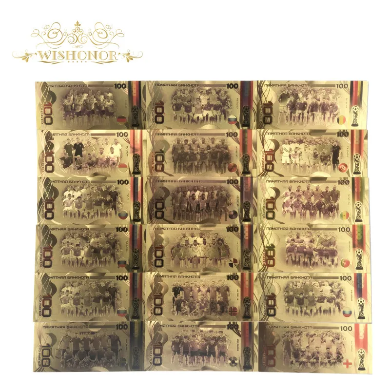

18Pcs/Lot Russia World Cup Banknotes 100 Roubles Banknote in 24K Gold Plated Paper Money For Gifts