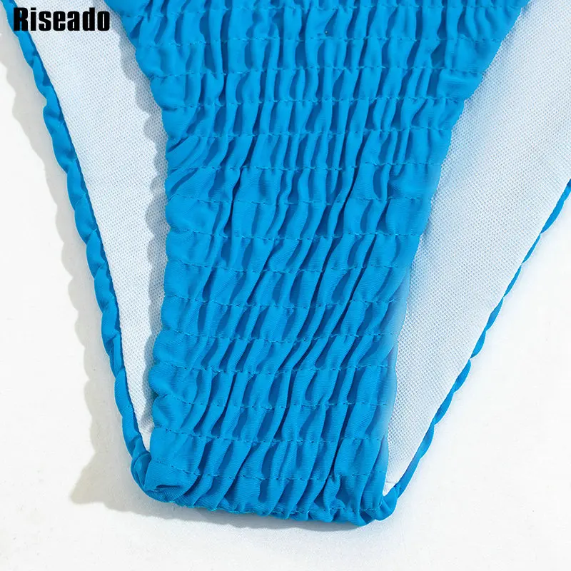 

Riseado V-neck Bikini Blue Women's Swimsuit Ruched Swimwear High Waisted Beachwear Sexy High Cut Bikini Thong 2021 Bathing Suit