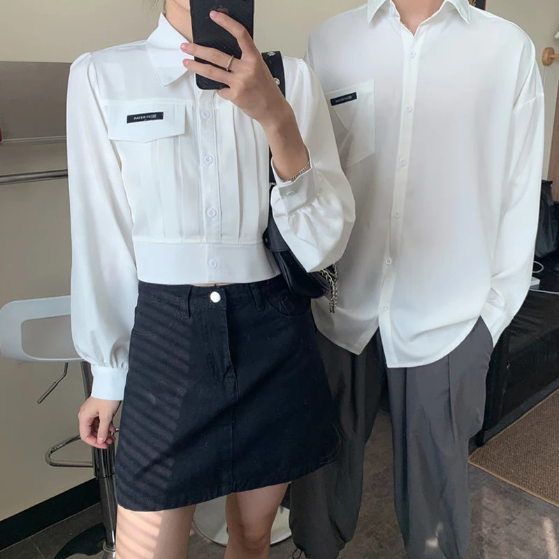 

Chiffon Couple Shirt Autumn Korean Style Loose BF Style Temperament Long Sleeve Short Model in White Color Top Women's Clothing
