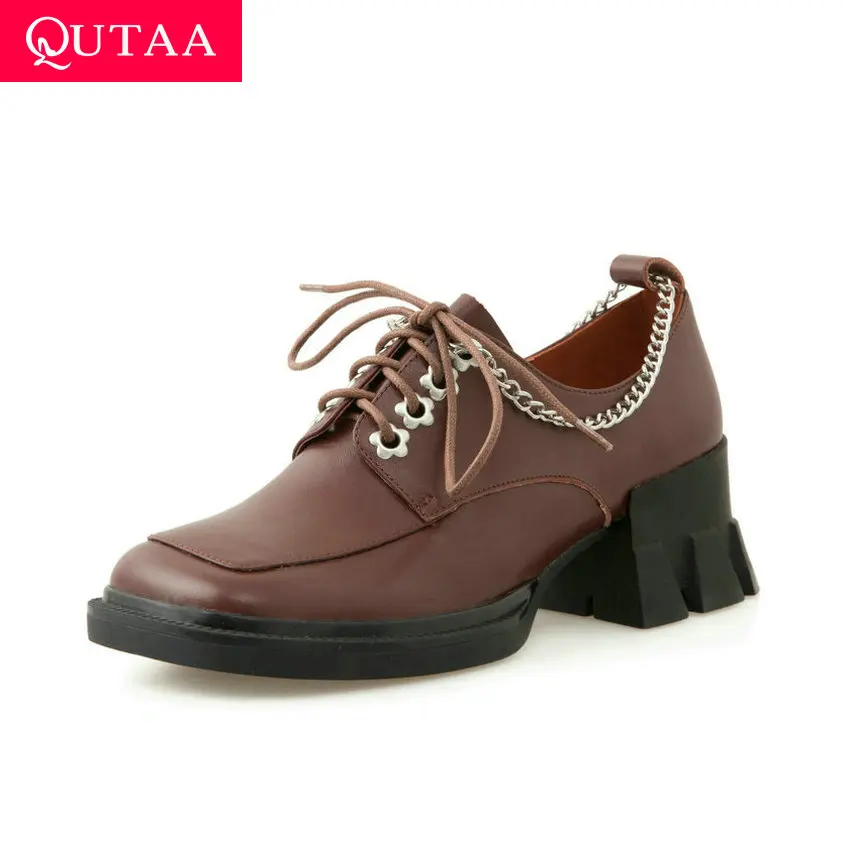 

QUTAA/2021 г. Женские туфли-лодочки женская обувь на шнуровке с квадратным носком и металлическим украшением весенне-летняя классическая женска...