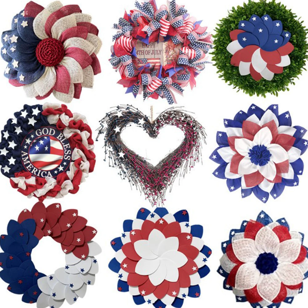 

Independence Day Artificial Wreath Patriotic Front Porch Wreath National Flag Design Artificial Garland Wreath Hanging Decor