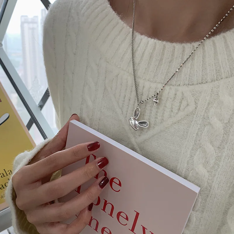 

FMILY Vintage 925 Sterling Silver Cute Squinted Rabbit Necklace Female Student Minimalist Jewelry for Girlfriend Gifts
