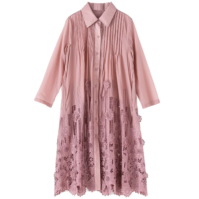 

Size Women's Plus Clothing 2021 Spring Summer Fashion Long Shirt Dress Woman Turn-down Collar Hollow Out Embroidery Dress M-5XL