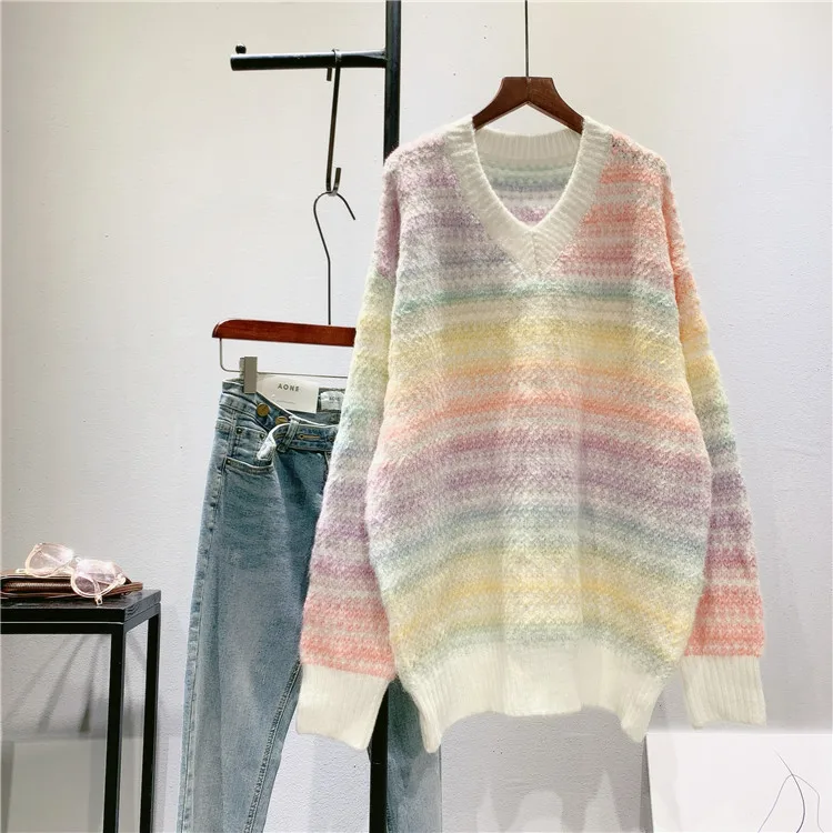 Женский свободный свитер с v-образным вырезом градиентный цвет зима 2020 | Женская