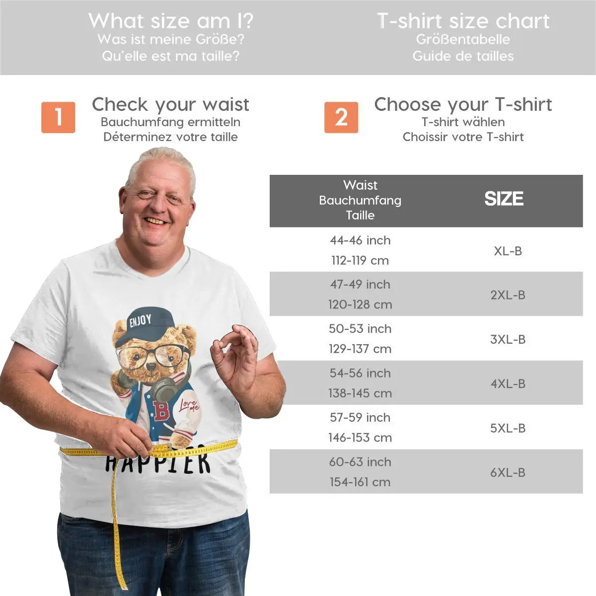 

Happier Bear White Plus T Shirts Men Oversized T-shirt Cottton Loose Large 6XL 5XL 4XL Tops Tee for Big Tall Man Streetwear