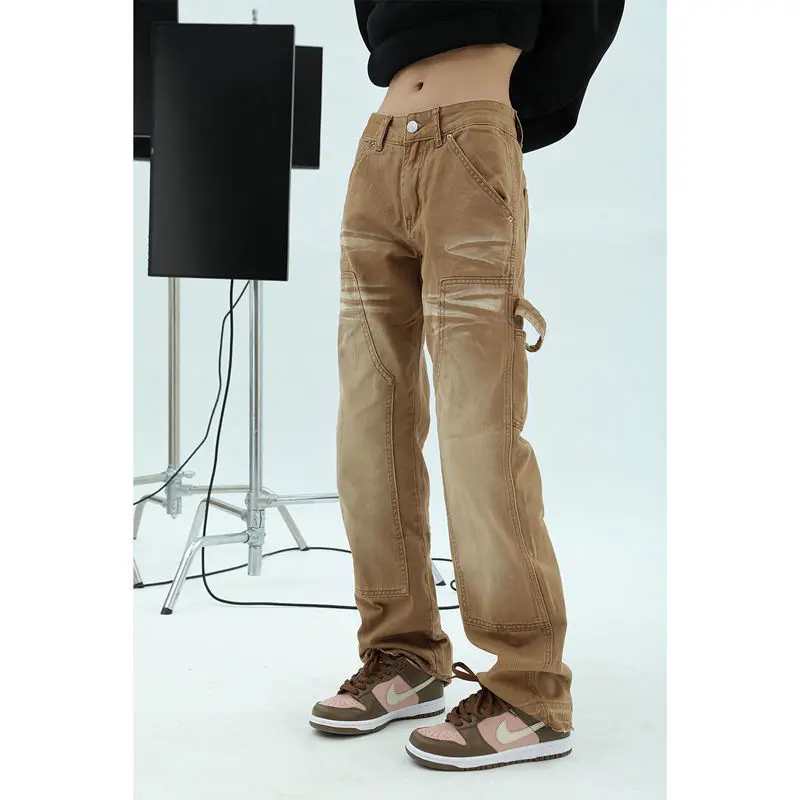 

Denim Khaki Pants y2k Straight Jeans Woman Low Rise Jeans Korean Pants Bleached Do Old Cute Boyfriend Streetwear Vintage Jeans