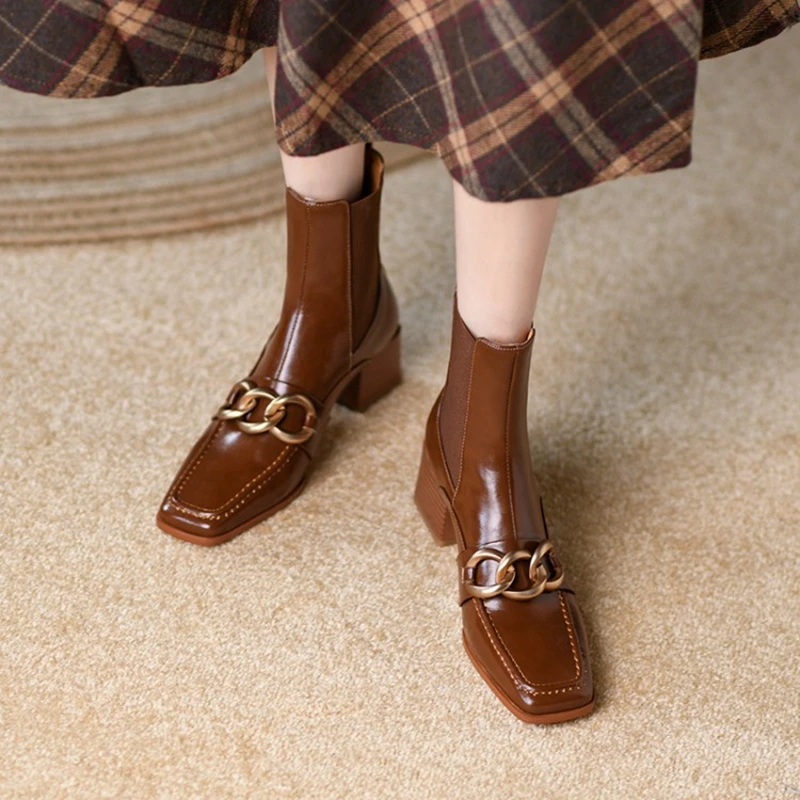 

New Fall Women Shoes Split Leather Short Boots for Women Fashion Shoes Women Solid Metal Buckle Women Boots Concise Modern Boots