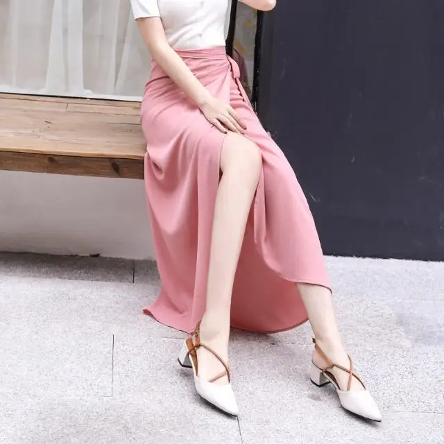 

One piece skirt women's summer Bohemian slim dress solid holiday lace up wrap skirt Chiffon beach skirt