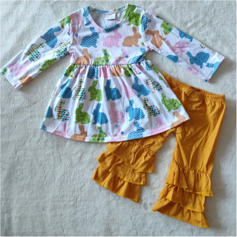 

Geometric Rabbit Baby Girl's Easter clothes yellow ruffle pants long sleeve top fashion sets 2-piece set