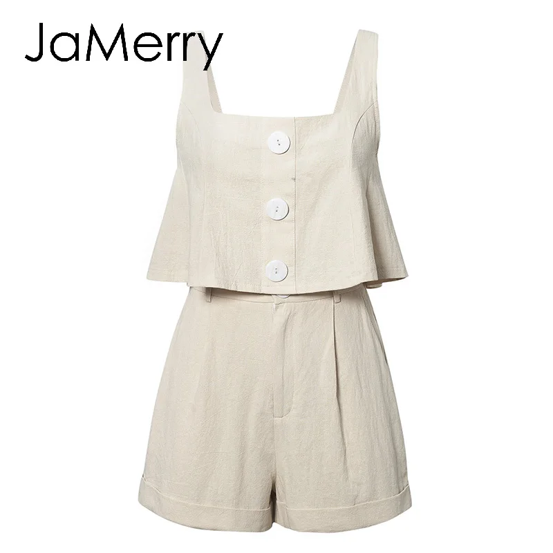JaMerry summer Casual two-piece women playsuits loose Sleeveless straps buttons cotton rompers jumpsuit Spring ladies overalls |
