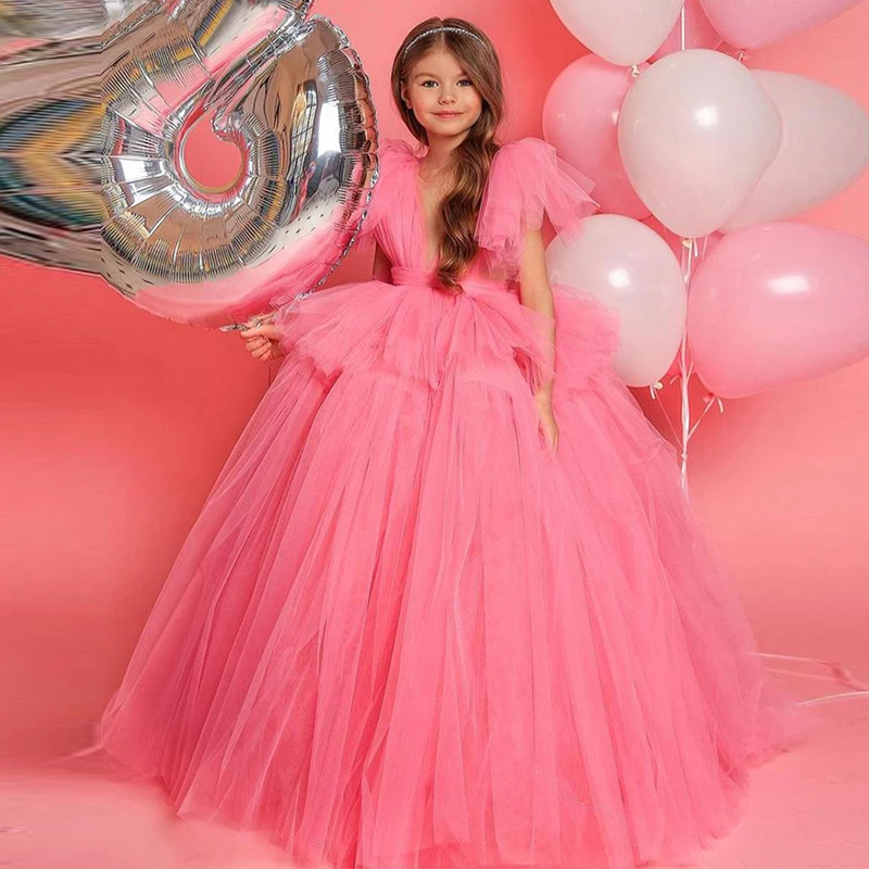 

Пышные фатиновые платья с V-образным вырезом для девочек на свадьбу, Детские Вечерние платья на день рождения, детская одежда для особых слу...