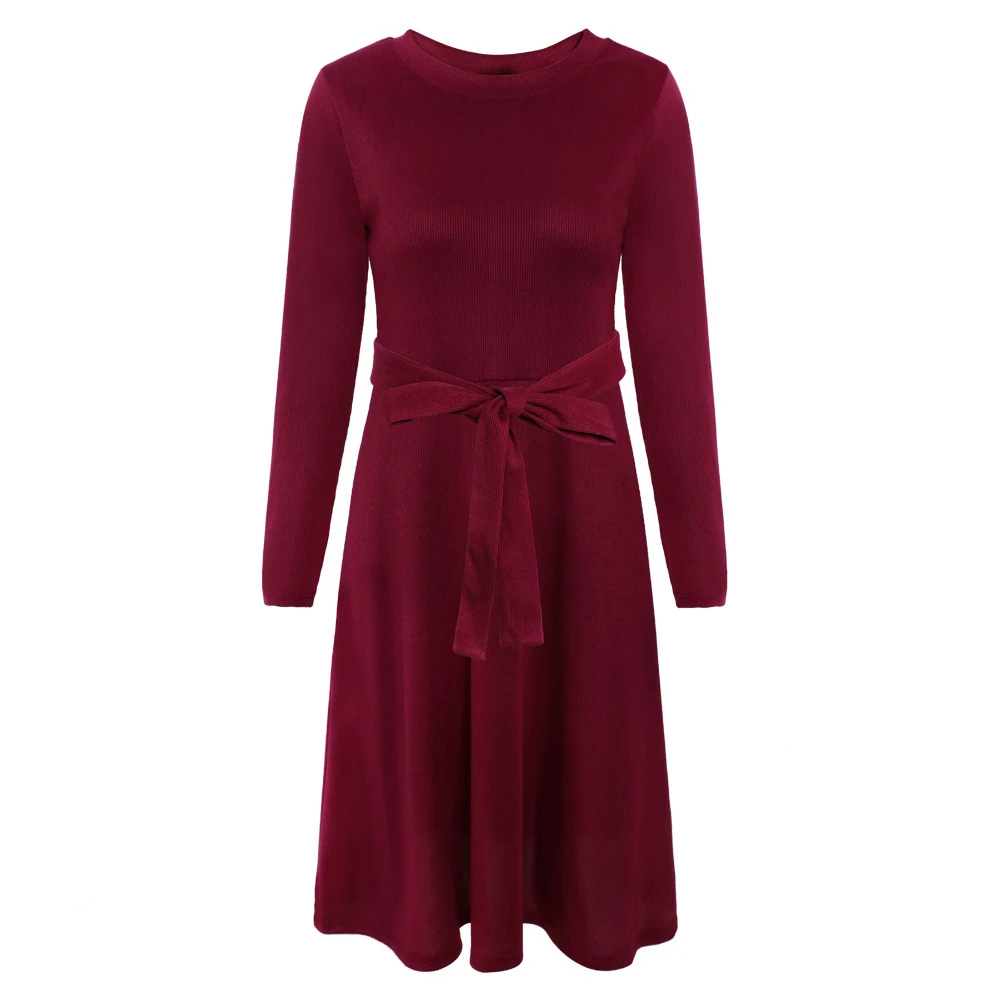 

Gentillove New Women Causal Long Sleeve O Neck Solid Sashes Knitted Knee Length Sweater Winter Autumn Elegant Vintage Sweaters