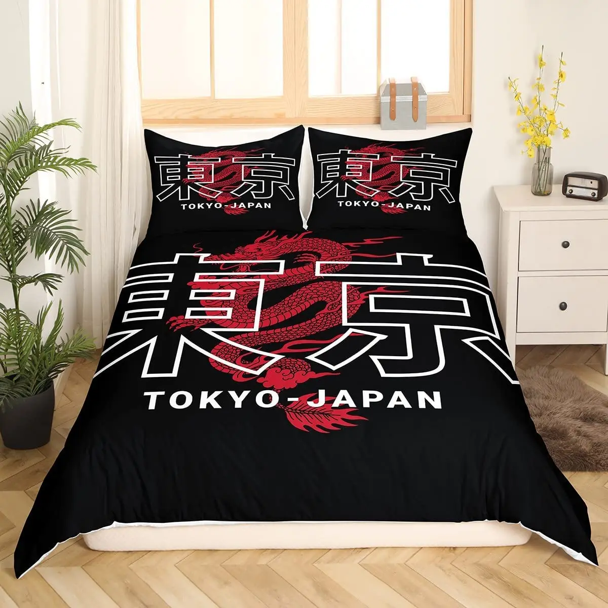 

Tokyo Bedding Sets Queen Size Japanese Comforter Cover Capital Of Japan Duvet Cover Set For Kids Teen Boys Red Dragon