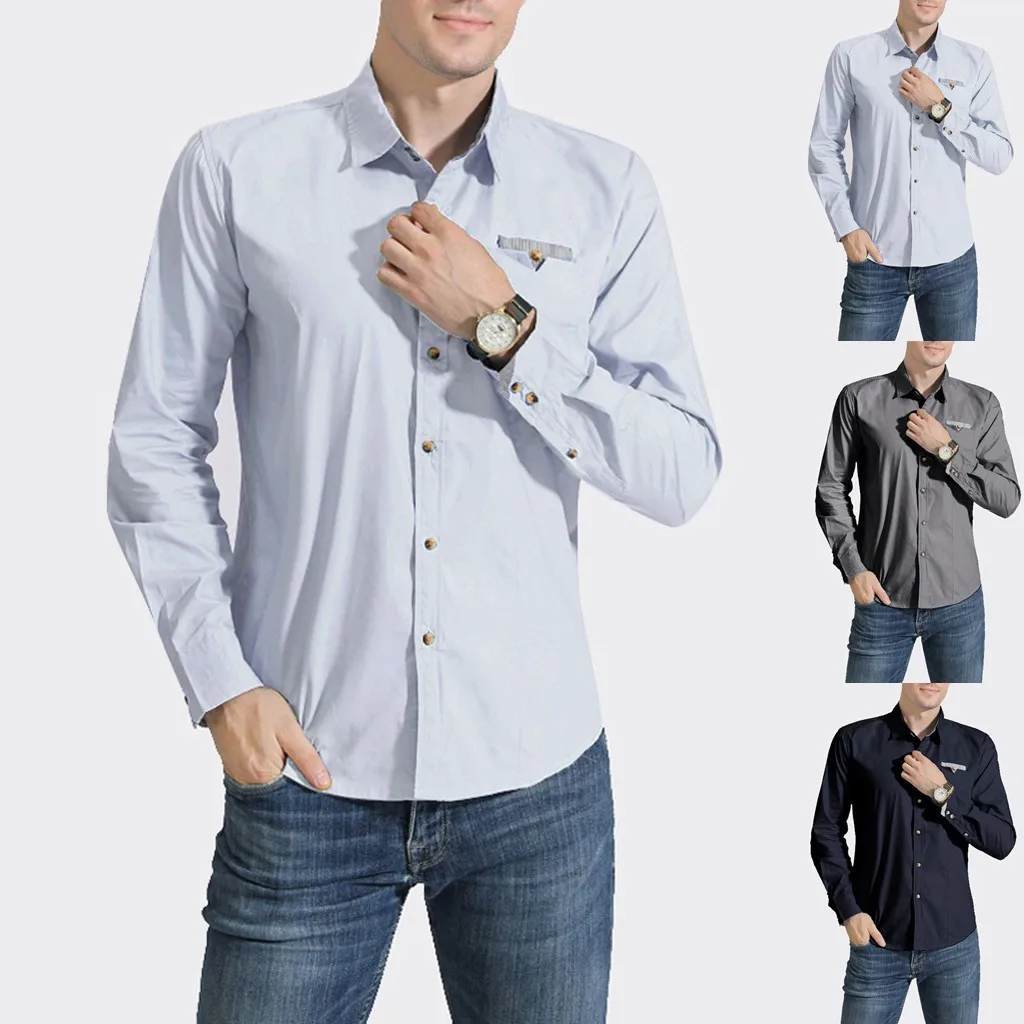 JAYCOSIN модная мужская однотонная деловая рубашка Повседневная с длинным рукавом и