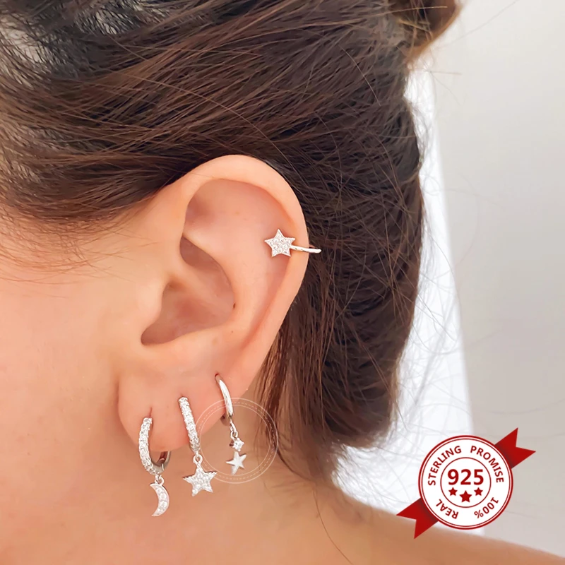 

Hoop Earrings 925 Sterling Silver Zircon Fine Little Star Pendant Earrings Charming Women Prevent Allergy New Earrings Jewelry