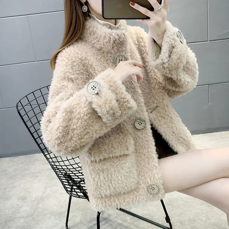 Women Autumn Winter Clothes Real Lamb Fur Coat Female Warm Natural Sheep Shearing Jacket Single Breasted Ladies Outerwear X554