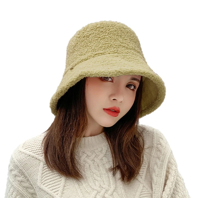 

Women Winter Reversible Double Sided Bucket Hat Solid Color Thick Faux Fleece Wide Brim Sunscreen Packable Fisherman Cap