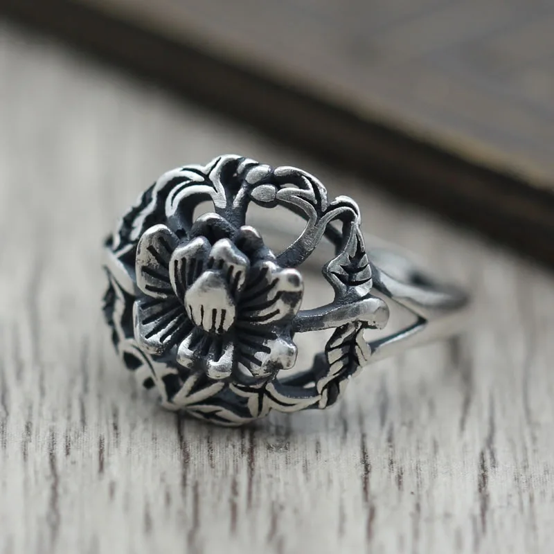 

Sterling Silver 990 Beautiful Hollow Peony Flower Mouth National Wind Ring Ring Retro Personality Lady Thai Silver Jewelry Ring