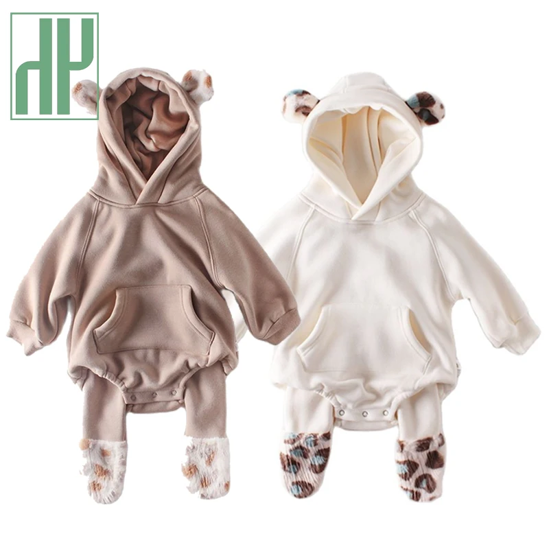 

Baby Jumpsuit Winter Baby Solid Cute Plush Ears Newborn Clothes Set Pantyhose Hooded Thickened Bodysuit Warm Clothes For kids