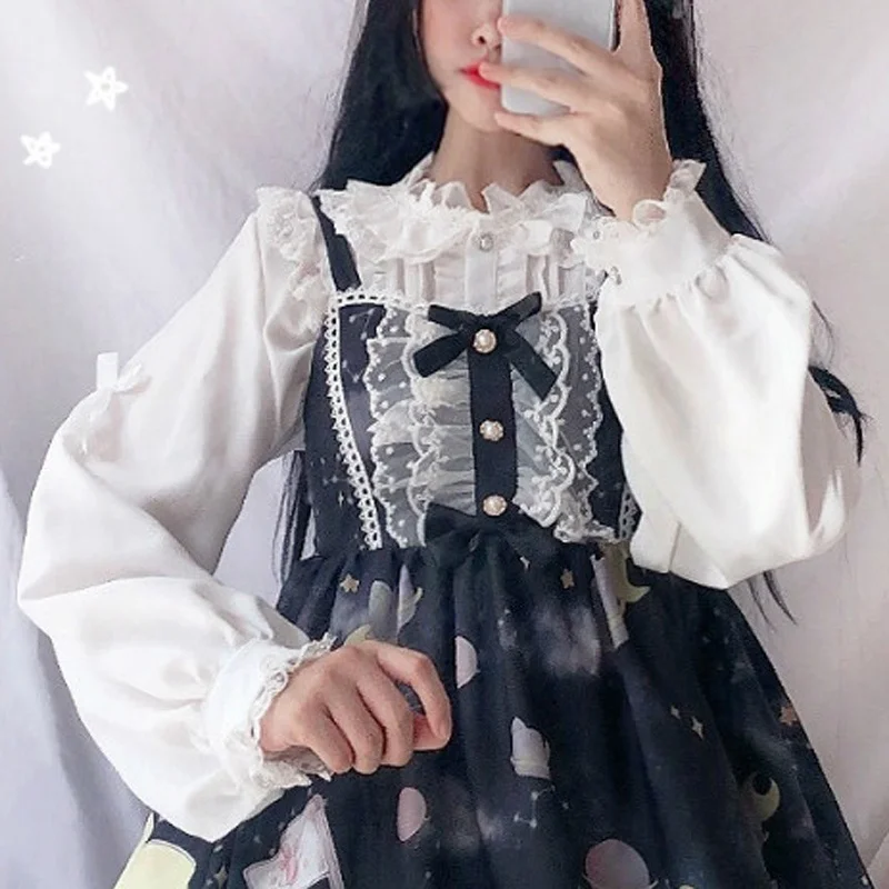 

Cute Lolita Dress Women Straped Dresses Sweet Soft Kawaii Girls Bow Lace Lolita Princess Dress Vestido Girls Dresses AFC466