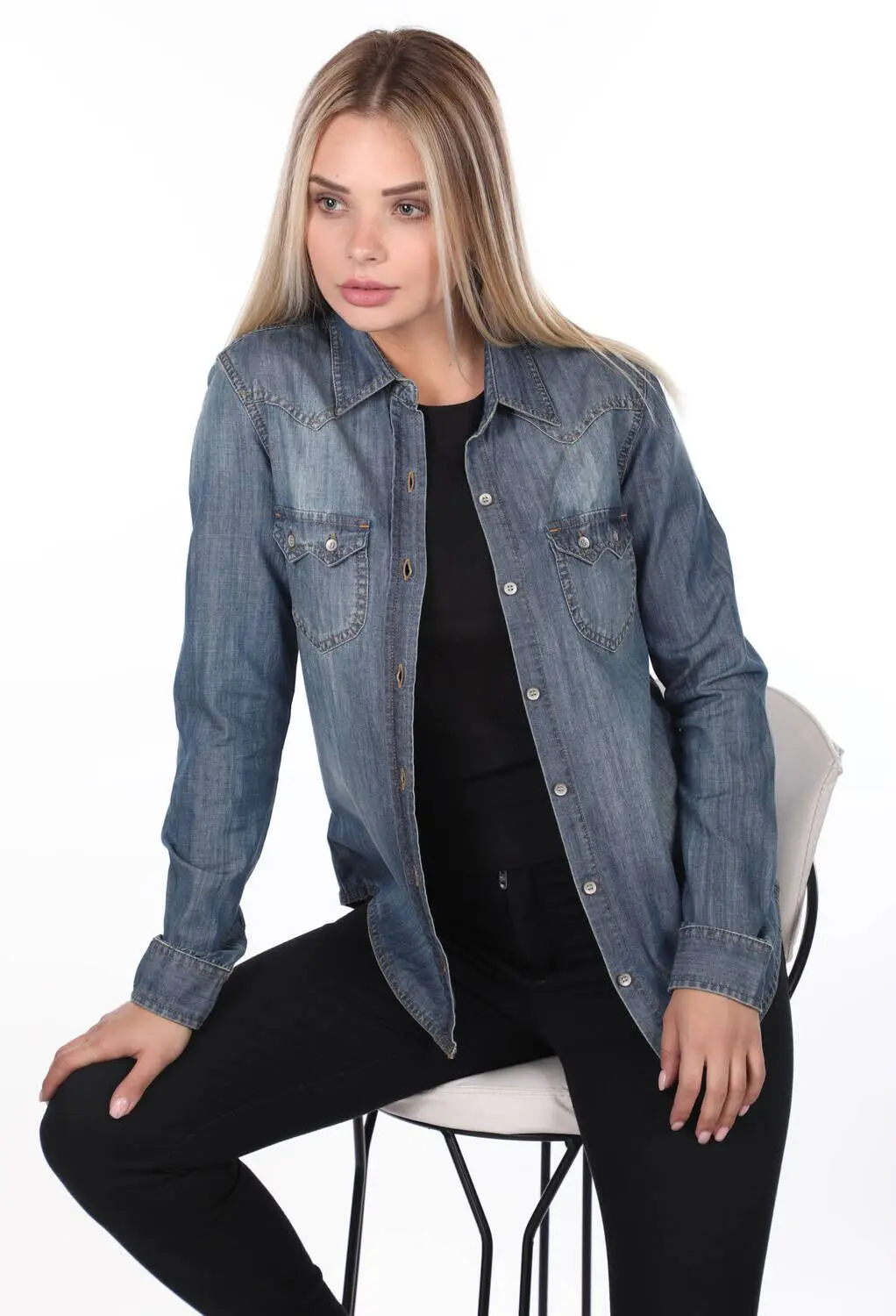 

Blue White Women Jean Shirt