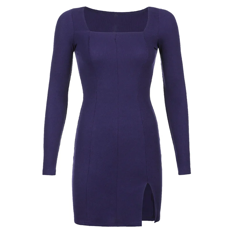 

Fannic 2021 Spring Square Neck Split Dress for Women Solid Color Slim and Skinny Buttock Dress for Women
