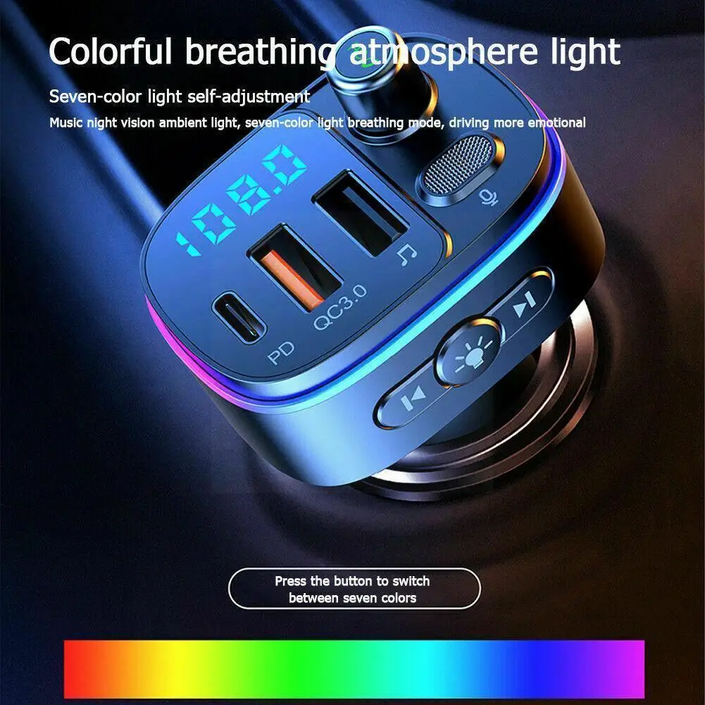 

Bluetooth 5.0 FM Transmitter Car MP3 Player LED Ambient Charger Wireless Navigation Fast With Play Transmiter Light Disk U A9S1