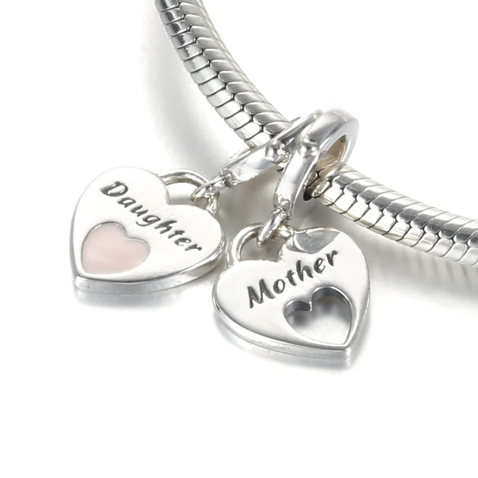 Authentic S925 Silver Pendant Dangle Mother Daughter Dangle Charm for Women Bracelet Bangle DIY Jewelry Pink Heart